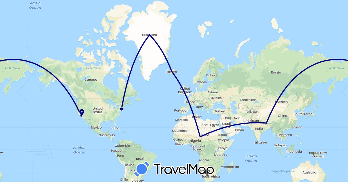 TravelMap itinerary: driving in Greenland, Iceland, Niger, Nepal, United States (Africa, Asia, Europe, North America)
